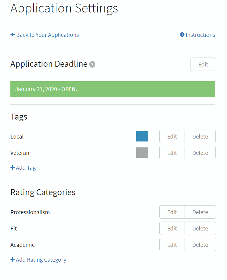 Overview of Application Settings page