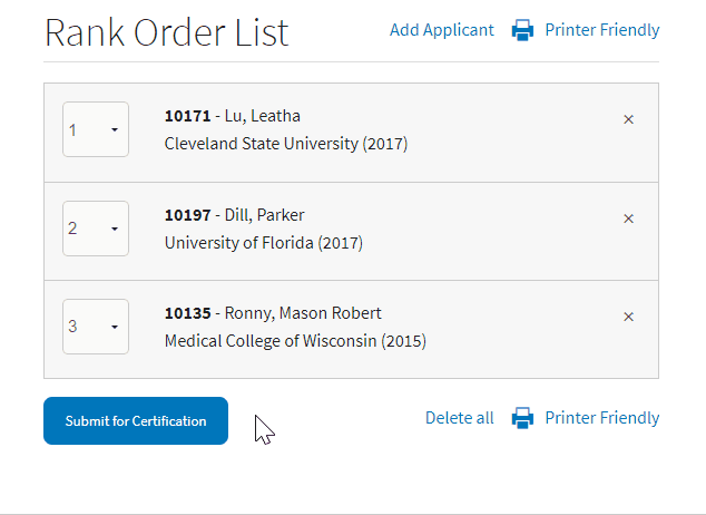 certify rank order list